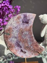 Load image into Gallery viewer, Pink Amethyst Crystal Moon High Quality Druzy Pink Amethyst Moon on Stand Pink Amethyst Geode Home Decor Healing Crystal 3018
