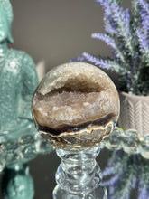 Load image into Gallery viewer, Green rainbow Amethyst sphere with tan druzy geode sphere 3119