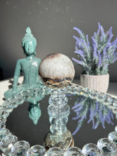Load image into Gallery viewer, Green rainbow Amethyst sphere with tan druzy geode sphere 3119