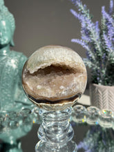 Load image into Gallery viewer, Green rainbow Amethyst sphere with tan druzy geode sphere 3119