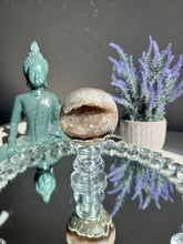 Load image into Gallery viewer, Green rainbow Amethyst sphere with tan druzy geode sphere 3119