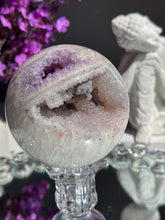 Load image into Gallery viewer, Druzy amethyst sphere with green and blink banding 3151