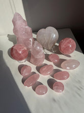 Load image into Gallery viewer, Star Rose Quartz Sphere, Flame, and Palm Stone