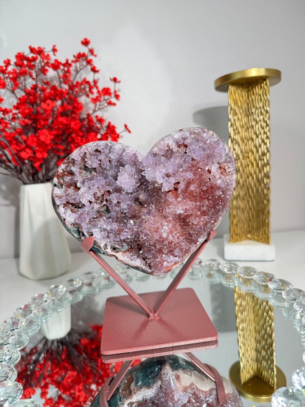 Red Druzy pink amethyst heart with amethyst 2842