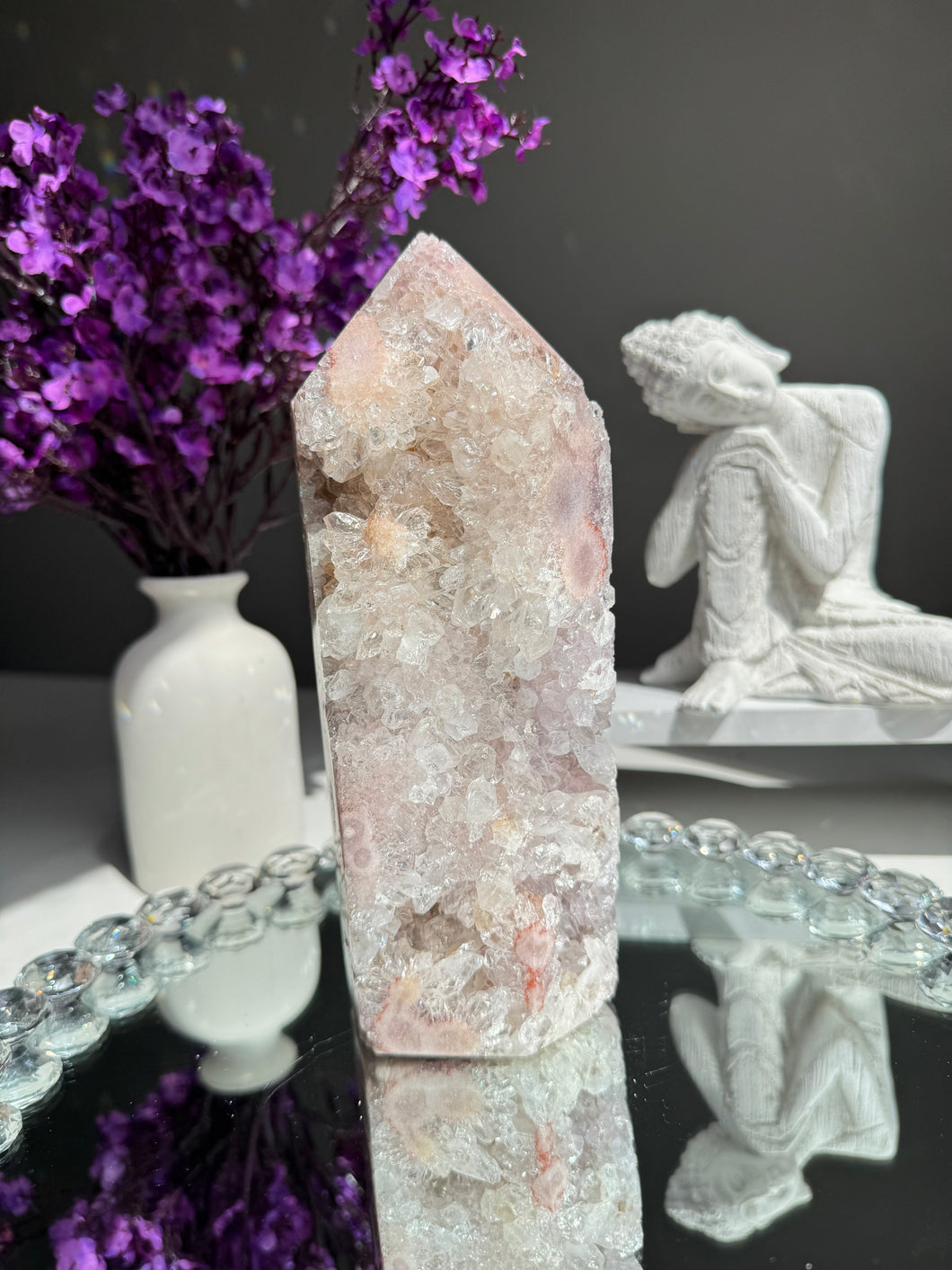 pink amethyst tower with quartz 2783