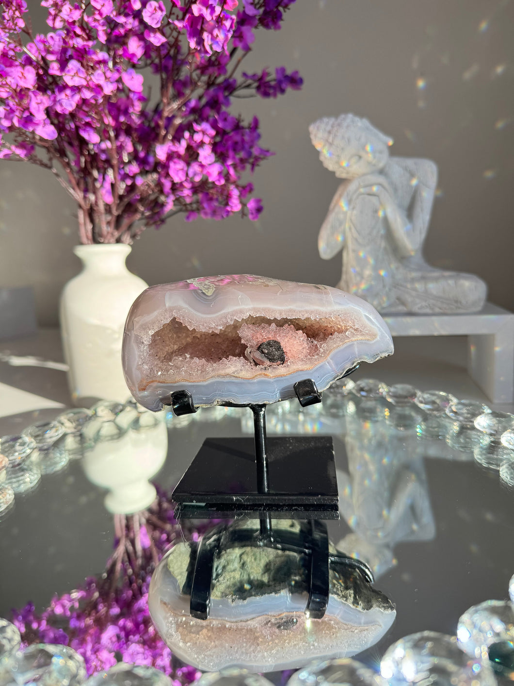 Pink amethyst geode with blue agate  2628