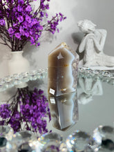 Load image into Gallery viewer, Tan druzy Rainbow amethyst tower with agate 2870
