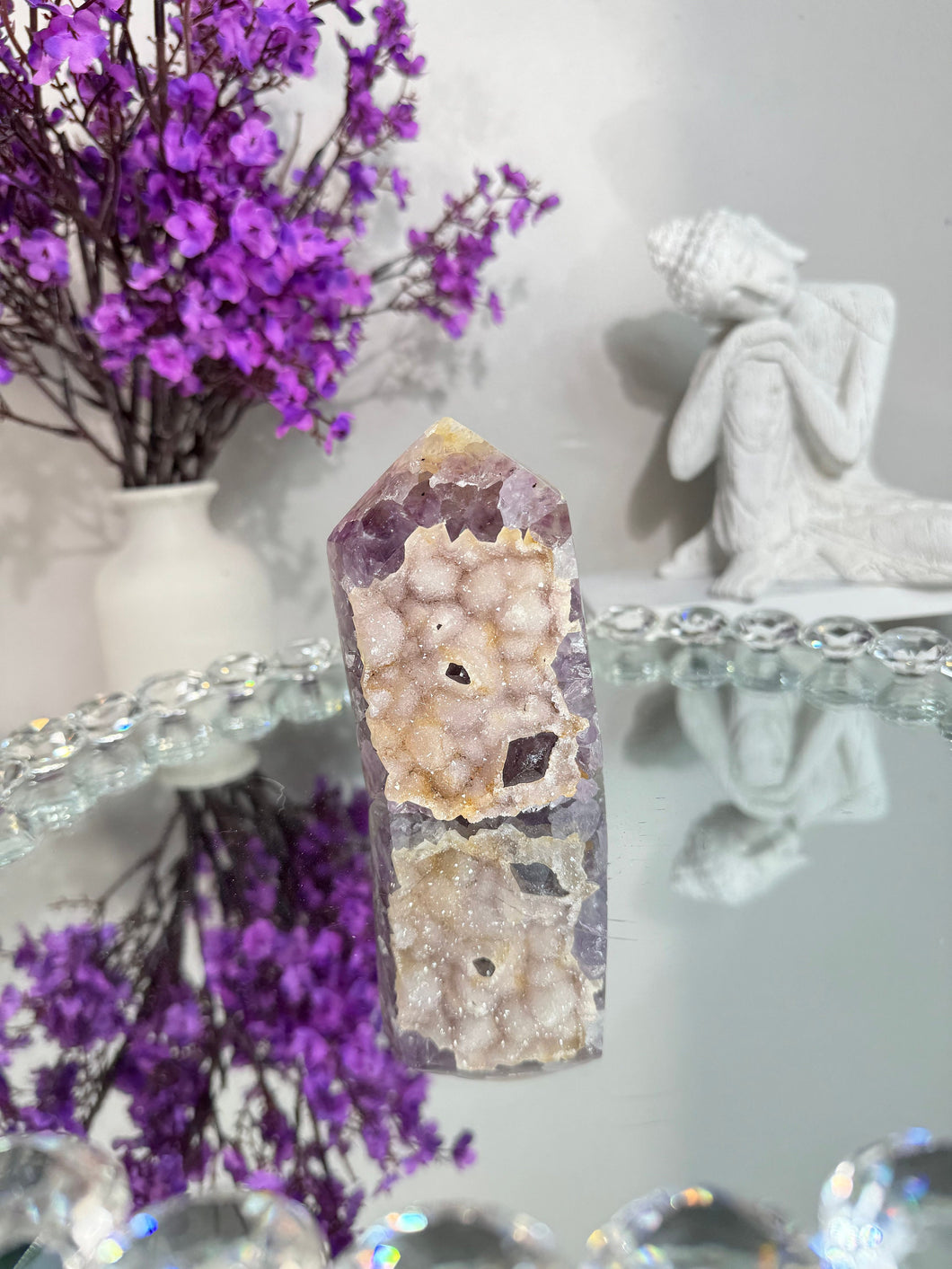 Tan druzy Rainbow amethyst tower with agate 2870