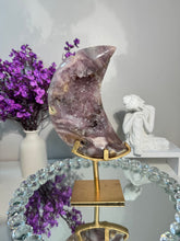 Load image into Gallery viewer, Large lilac purple Amethyst moon Pink Amethyst Crystal Moon High Quality Pink Amethyst Moon on Stand Druzy Pink Amethyst Home Decor 2927
