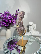 Load image into Gallery viewer, Large lilac purple Amethyst moon Pink Amethyst Crystal Moon High Quality Pink Amethyst Moon on Stand Druzy Pink Amethyst Home Decor 2927

