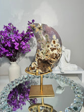 Load image into Gallery viewer, Large lilac purple Amethyst moon Pink Amethyst Crystal Moon High Quality Pink Amethyst Moon on Stand Druzy Pink Amethyst Home Decor 2927
