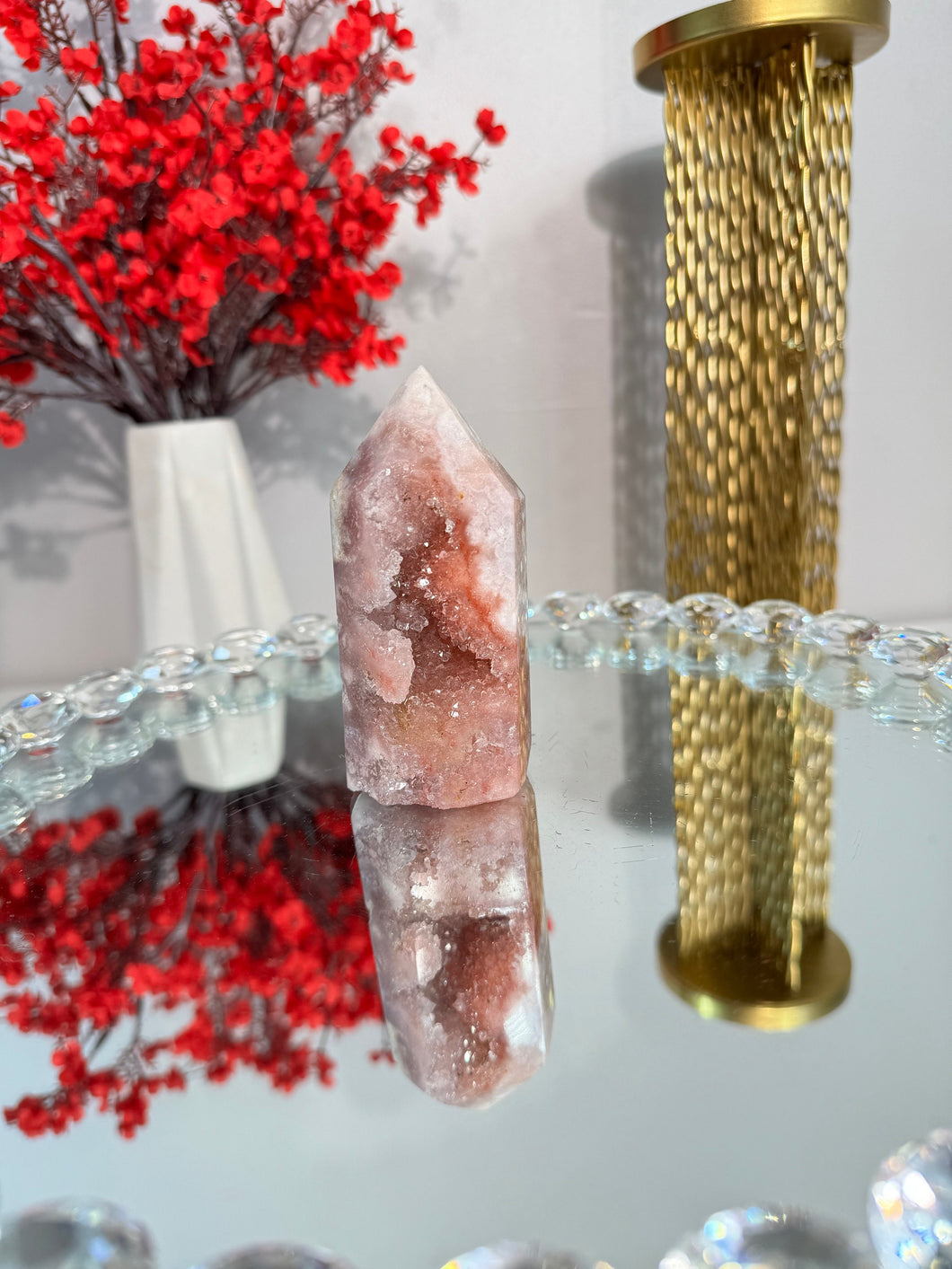 pink amethyst tower with quartz 2923