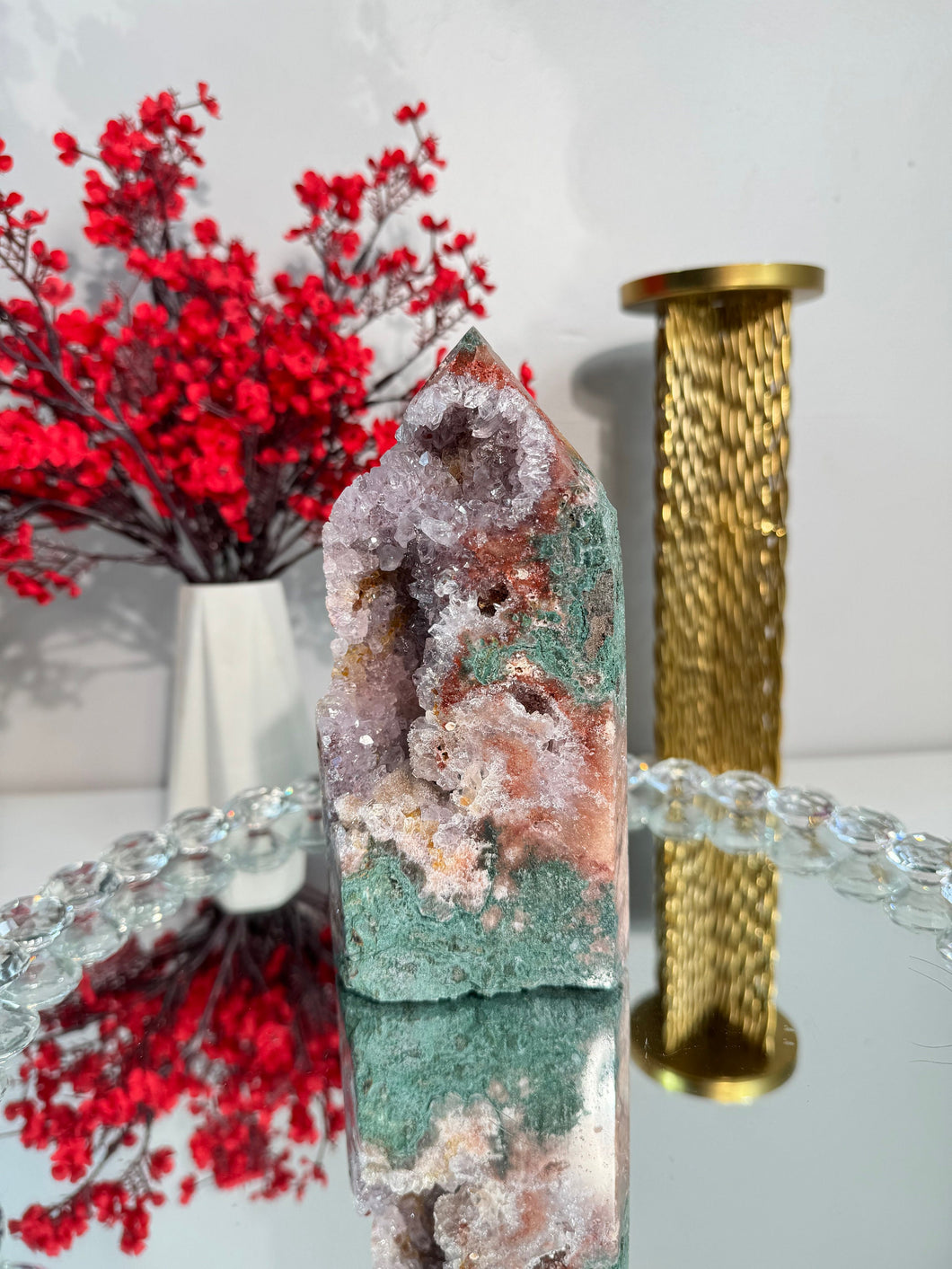 Druzy pink amethyst tower with amethyst and jasper 2948