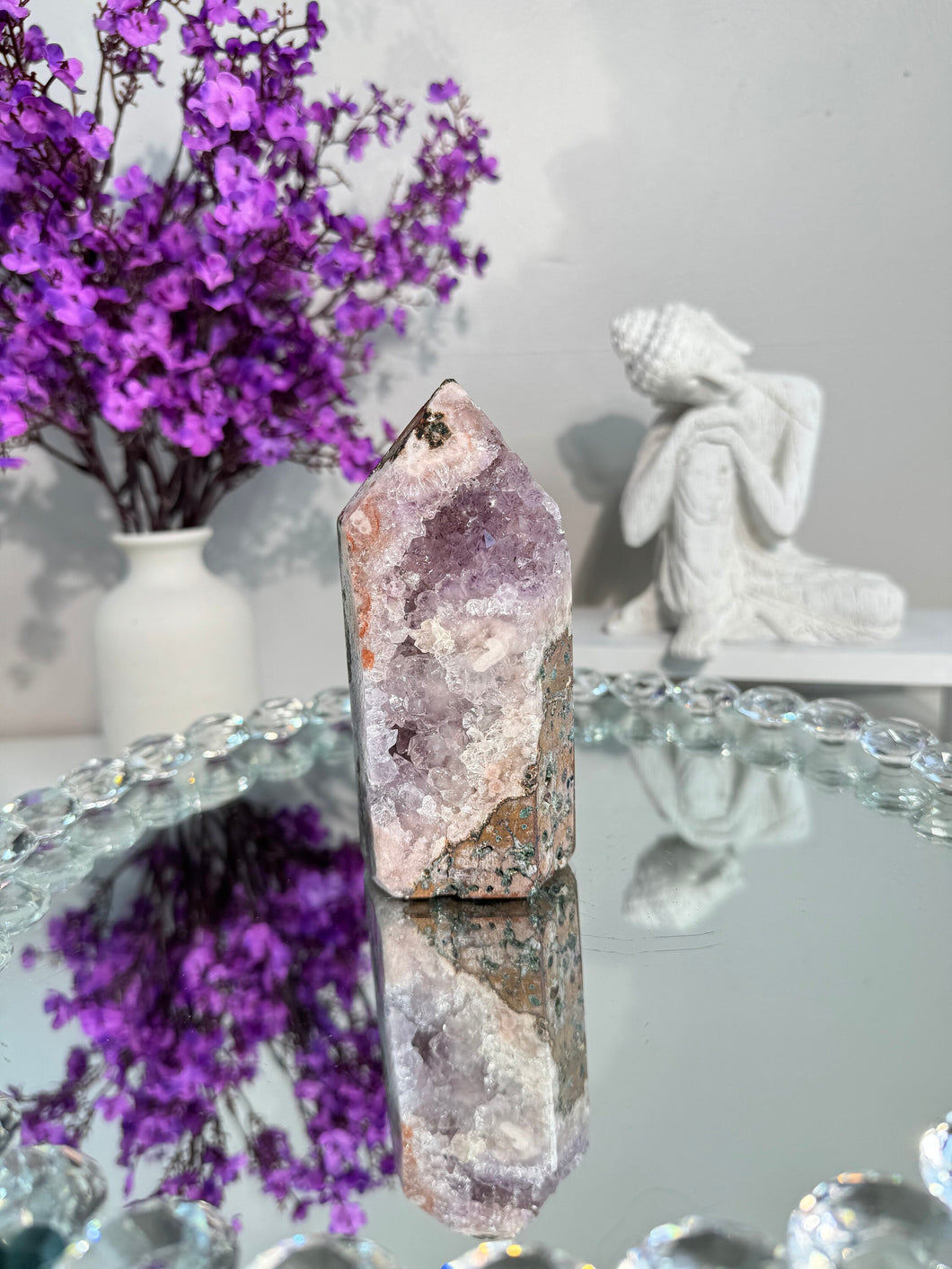 Druzy pink amethyst tower with amethyst 2949