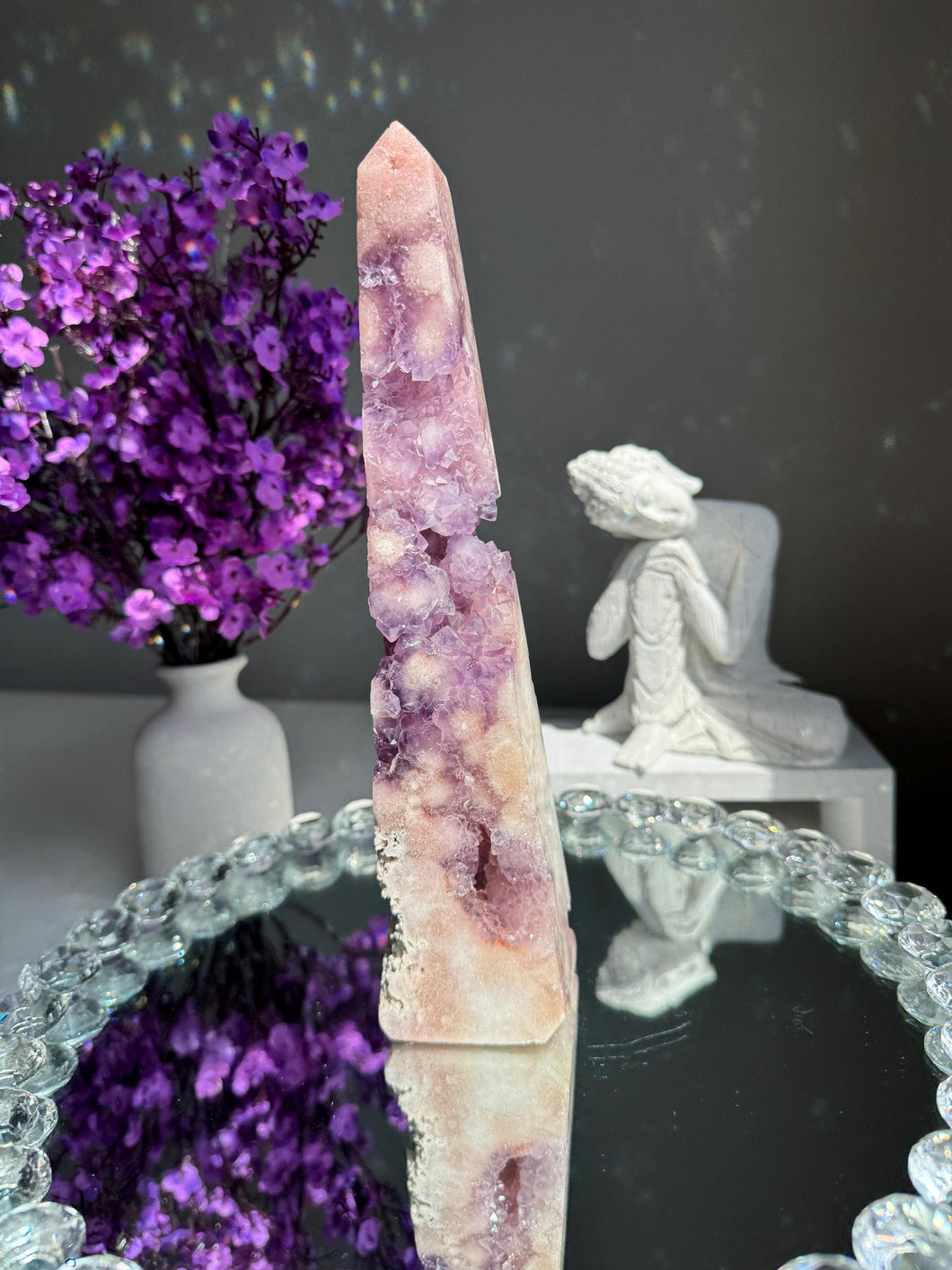 High quality Druzy pink amethyst with amethyst obelisk 2947