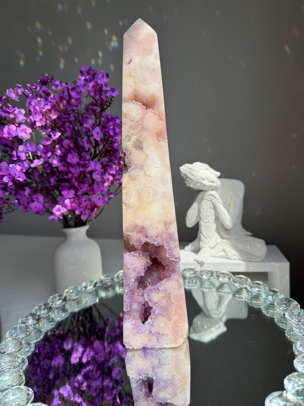 Extra large one foot tall Druzy pink amethyst obelisk with amethyst  2945