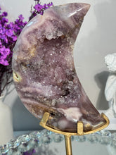 Load image into Gallery viewer, Large lilac purple Amethyst moon Pink Amethyst Crystal Moon High Quality Pink Amethyst Moon on Stand Druzy Pink Amethyst Home Decor 2927
