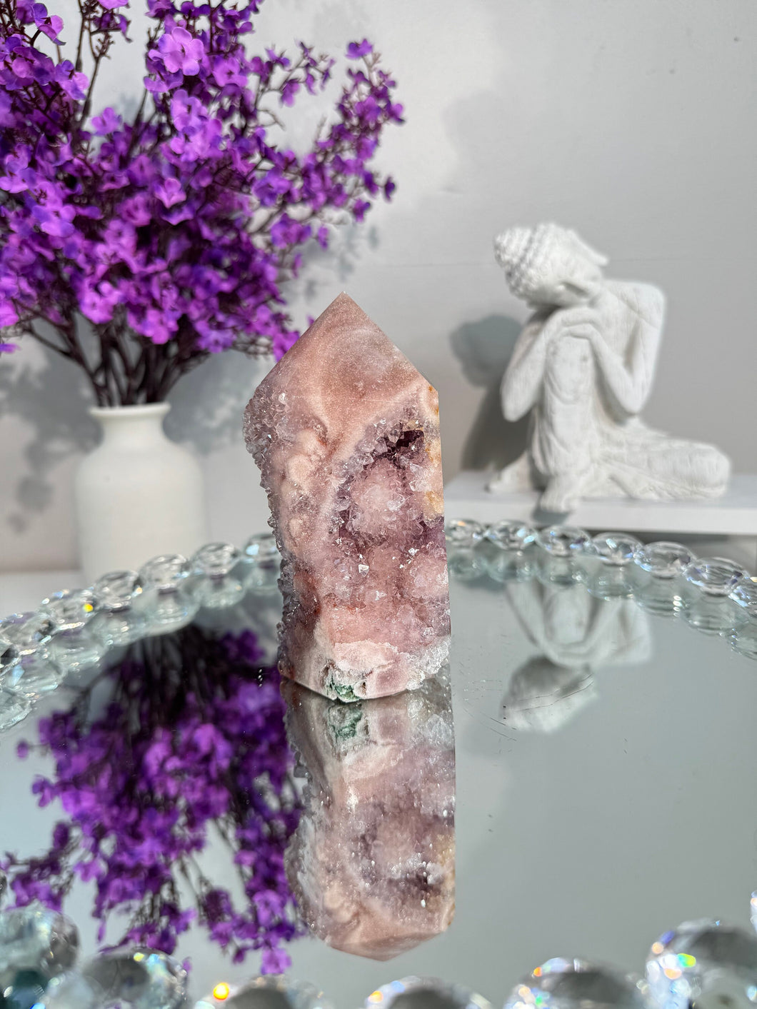 Druzy pink amethyst tower with amethyst 2949