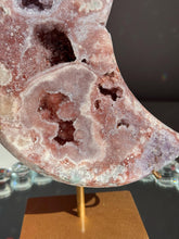 Load image into Gallery viewer, Red Pink Amethyst Crystal Moon High Quality Druzy Pink Amethyst Moon on Stand Pink Amethyst Geode Home Decor Healing Crystal 3014
