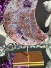 Load image into Gallery viewer, Pink Amethyst Crystal Moon High Quality Druzy Pink Amethyst Moon on Stand Pink Amethyst Geode Home Decor Healing Crystal 3018
