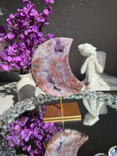Load image into Gallery viewer, Pink Amethyst Crystal Moon High Quality Druzy Pink Amethyst Moon on Stand Pink Amethyst Geode Home Decor Healing Crystal 3018
