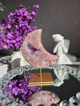 Load image into Gallery viewer, Pink Amethyst Crystal Moon High Quality Druzy Pink Amethyst Moon on Stand Pink Amethyst Geode Home Decor Healing Crystal 3018
