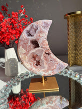 Load image into Gallery viewer, Red Pink Amethyst Crystal Moon High Quality Druzy Pink Amethyst Moon on Stand Pink Amethyst Geode Home Decor Healing Crystal 3014
