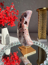 Load image into Gallery viewer, Red Pink Amethyst Crystal Moon High Quality Druzy Pink Amethyst Moon on Stand Pink Amethyst Geode Home Decor Healing Crystal 3014
