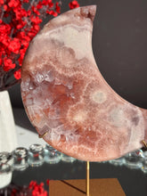 Load image into Gallery viewer, Red Pink Amethyst Crystal Moon High Quality Druzy Pink Amethyst Moon on Stand Pink Amethyst Geode Home Decor Healing Crystal 3017
