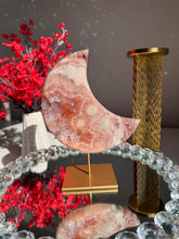 Load image into Gallery viewer, Red Pink Amethyst Crystal Moon High Quality Druzy Pink Amethyst Moon on Stand Pink Amethyst Geode Home Decor Healing Crystal 3017
