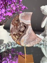 Load image into Gallery viewer, Moody Pink Amethyst Crystal Moon High Quality Druzy Pink Amethyst Moon on Stand Pink Amethyst Geode Home Decor Healing Crystal 3019
