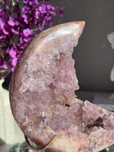 Load image into Gallery viewer, Druzy Pink amethyst moon with amethyst healing crystals 3070

