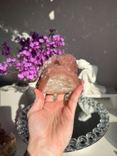 Load image into Gallery viewer, Coral pink rainbow amethyst geode with calcite healing crystals 3110
