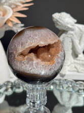 Load image into Gallery viewer, Orange rainbow amethyst sphere with agate 3151
