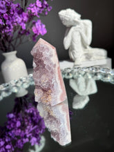 Load image into Gallery viewer, Pink amethyst tower with amethyst druzy 3309

