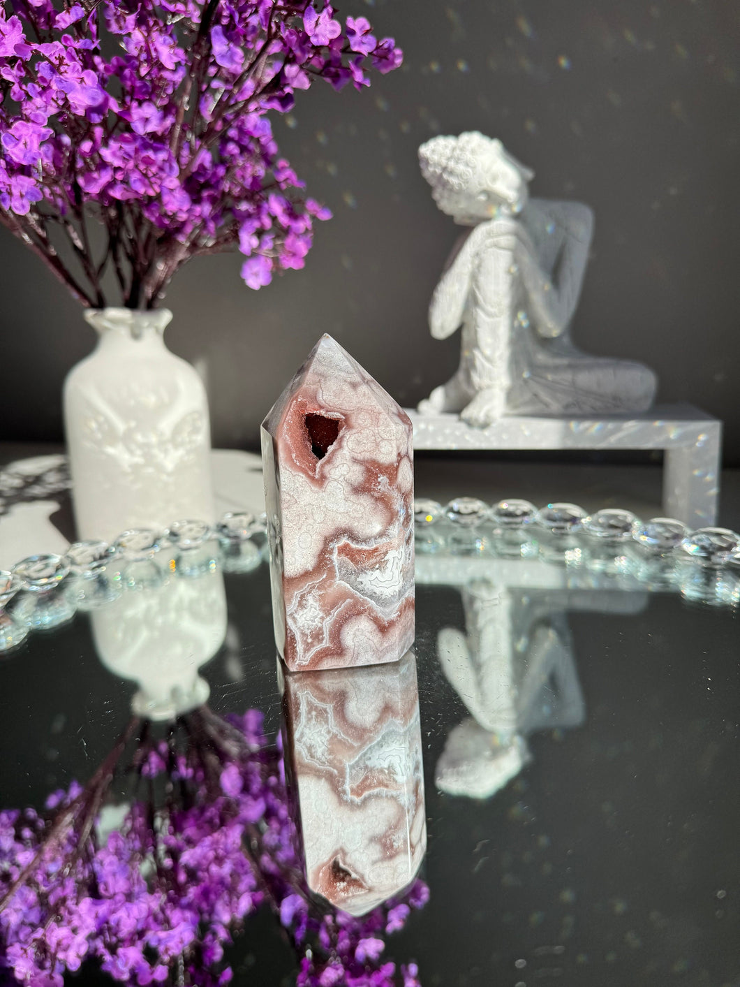 Druzy pink amethyst tower with agate  2549