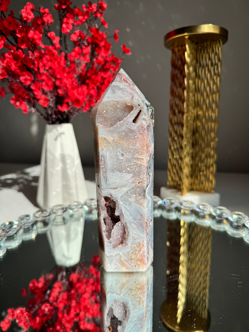 Druzy pink amethyst tower with agate -  2540