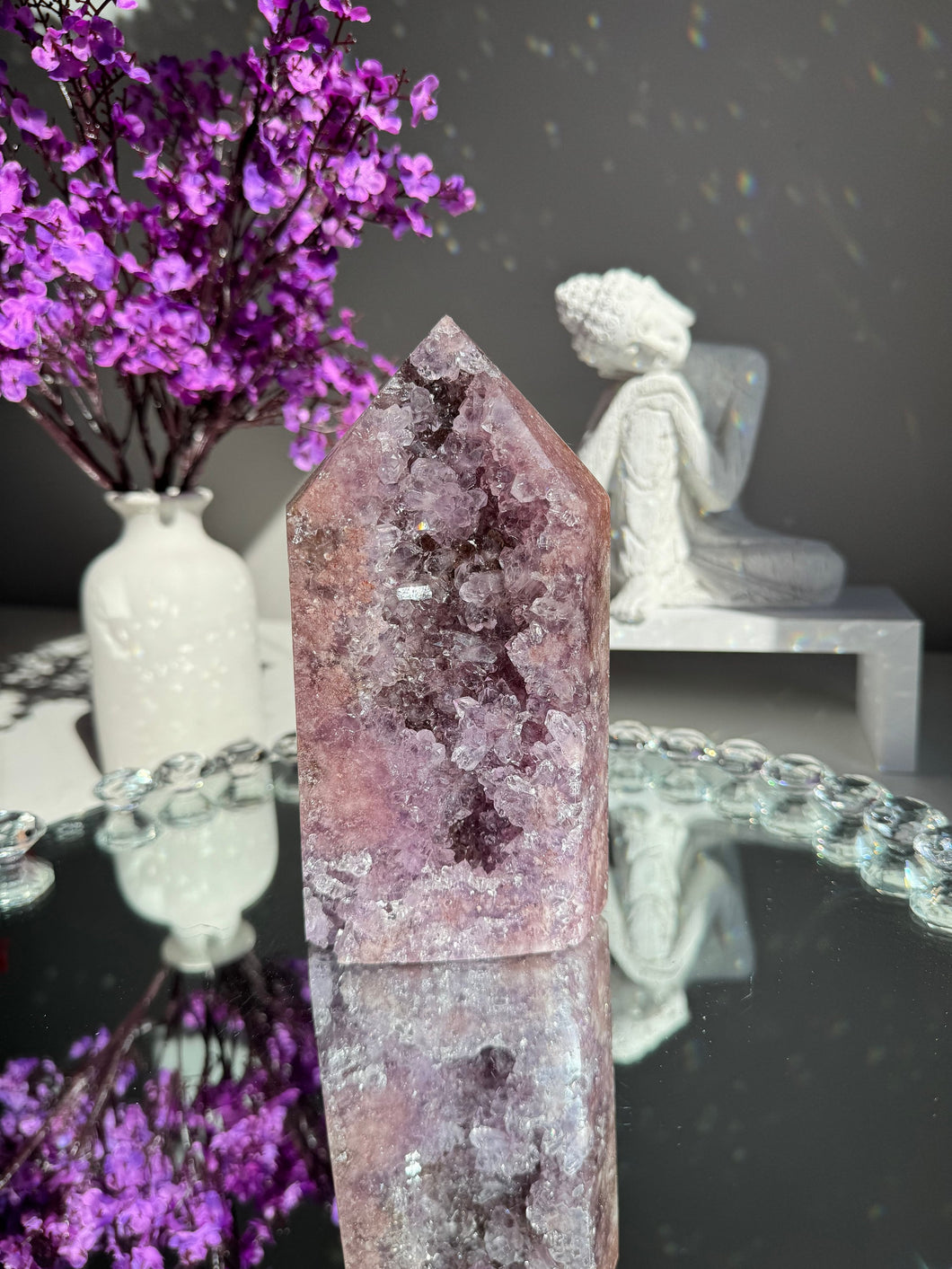 Saturated Druzy pink amethyst tower  with amethyst  2552