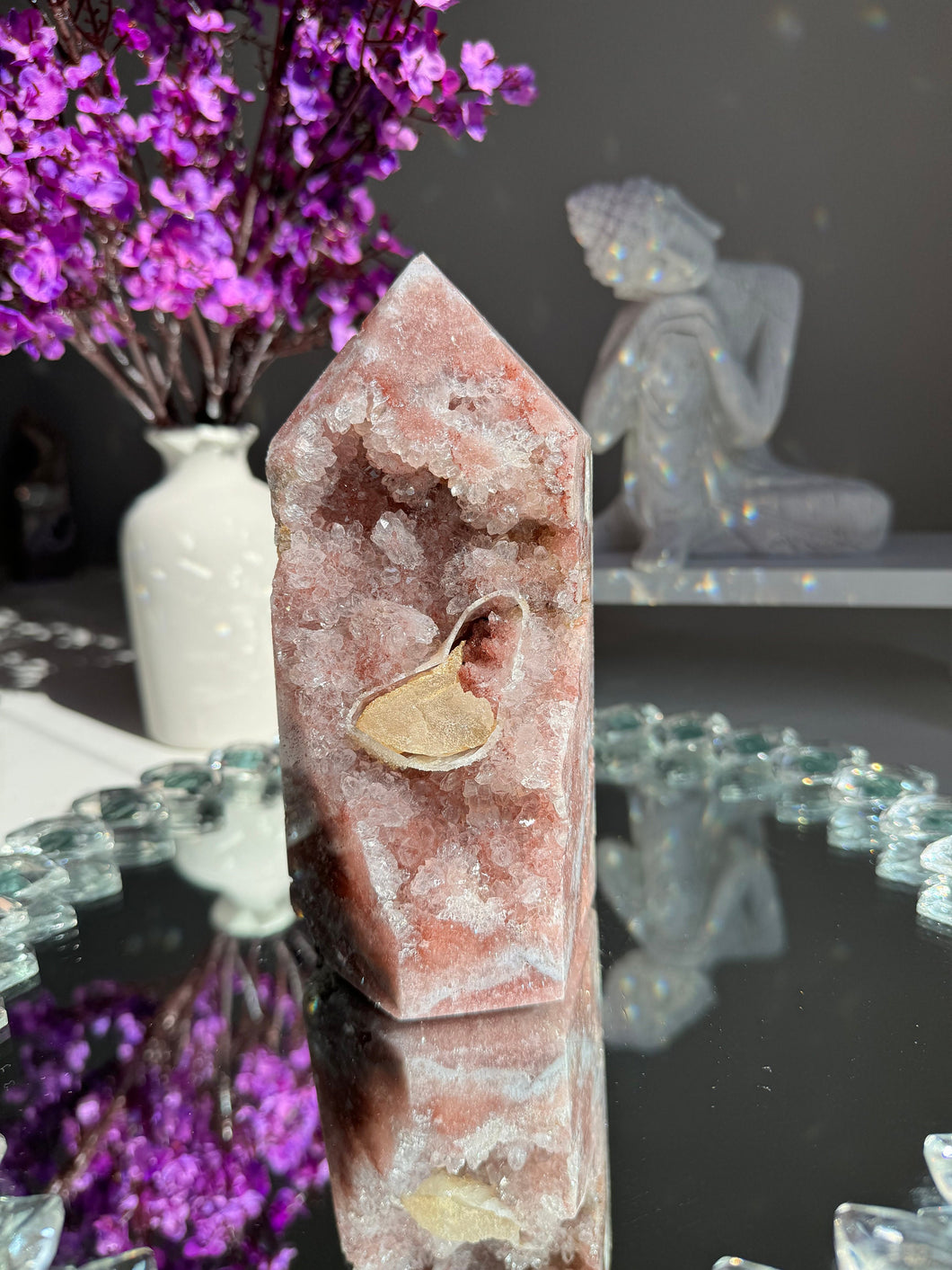 Druzy pink amethyst tower with calcite   2570