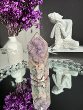 Load image into Gallery viewer, Druzy pink amethyst tower with amethyst  25984
