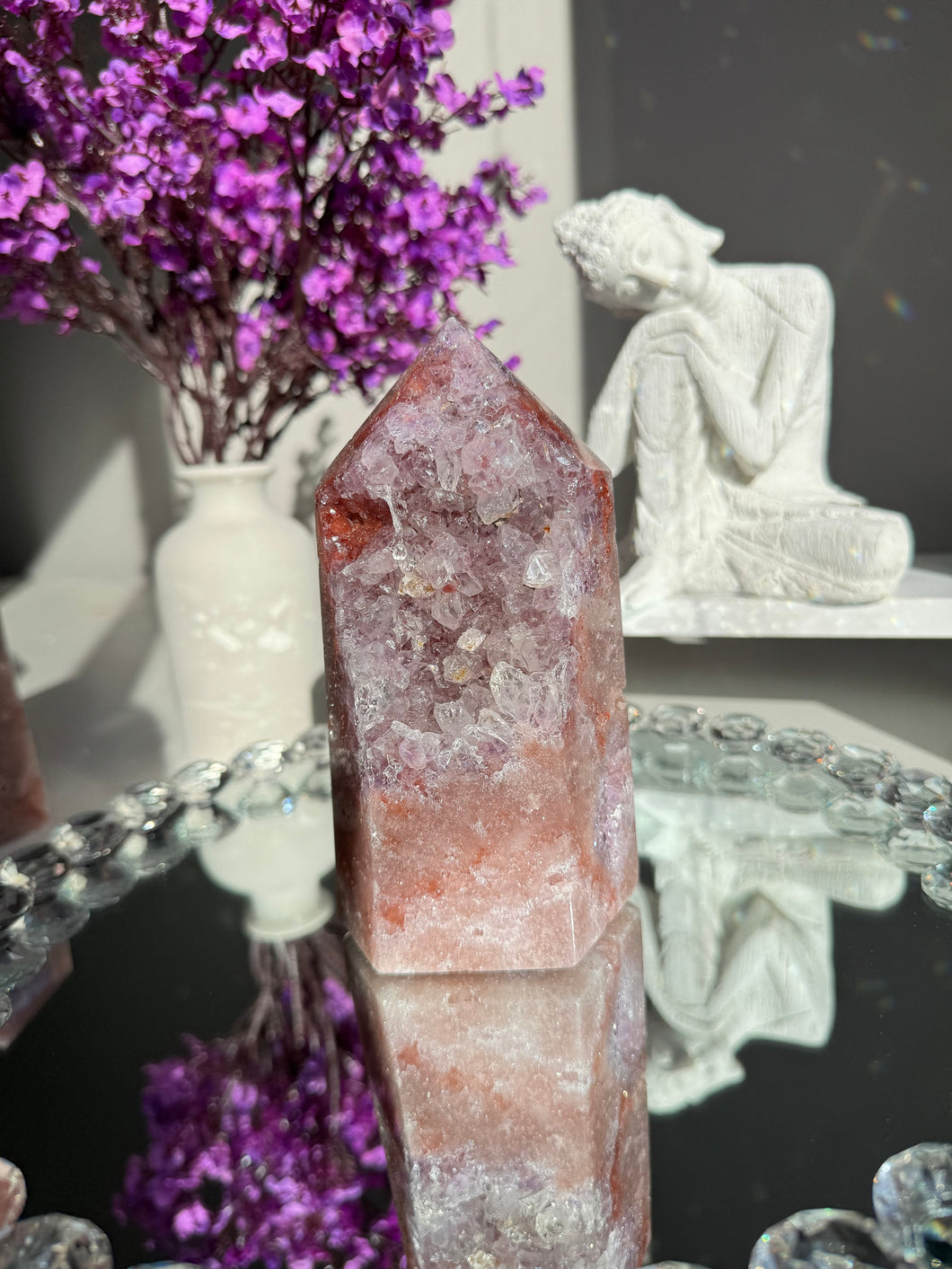 pink amethyst tower with amethyst and hematite 2594