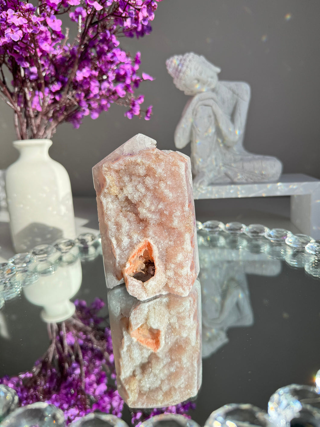 Coral pink Rainbow amethyst tower with agate  2617