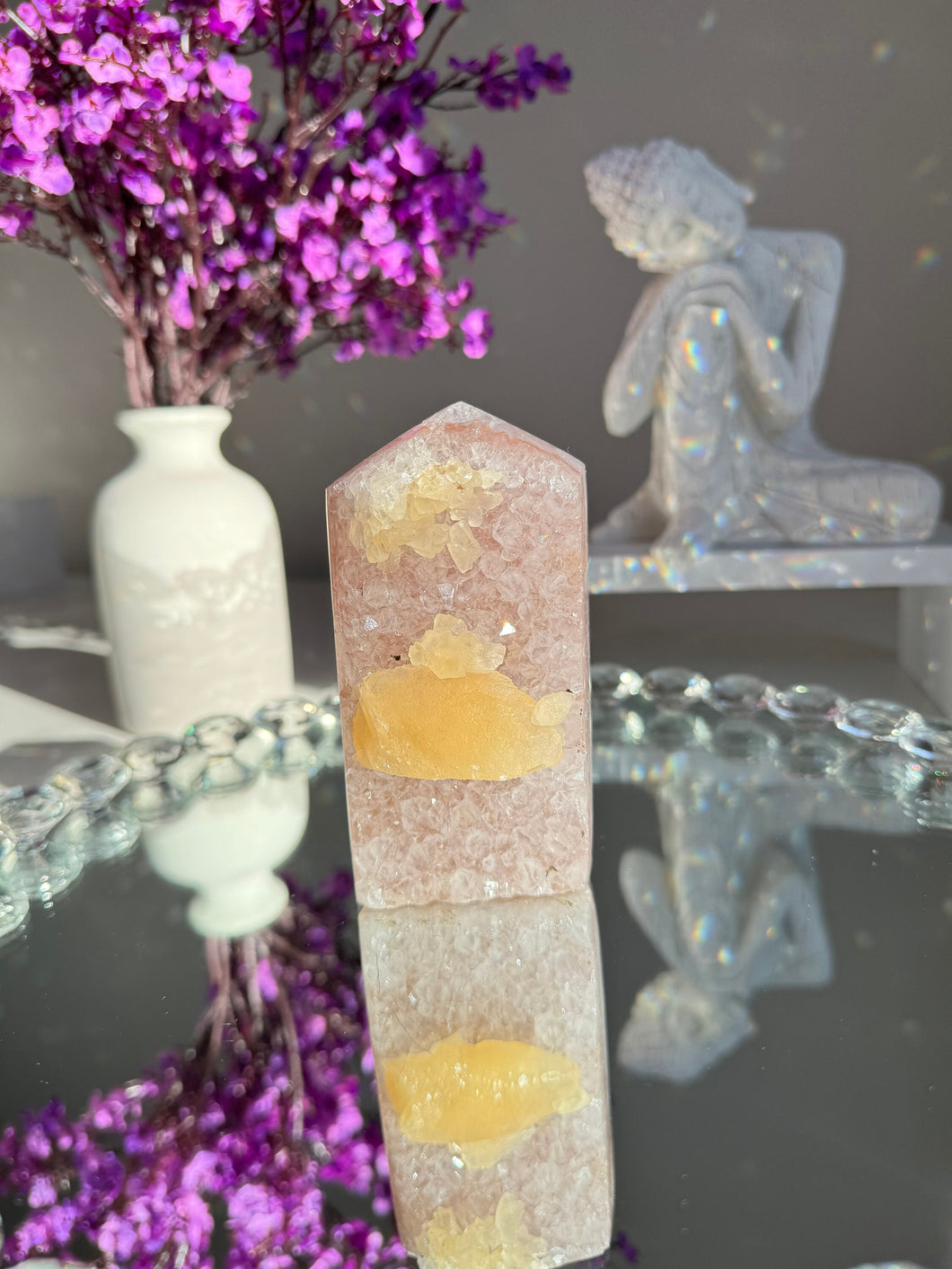 amethyst tower with calcite inclusion  2617