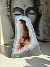 Load image into Gallery viewer, Amethyst cave with blue banded agate  and red hematite   R
