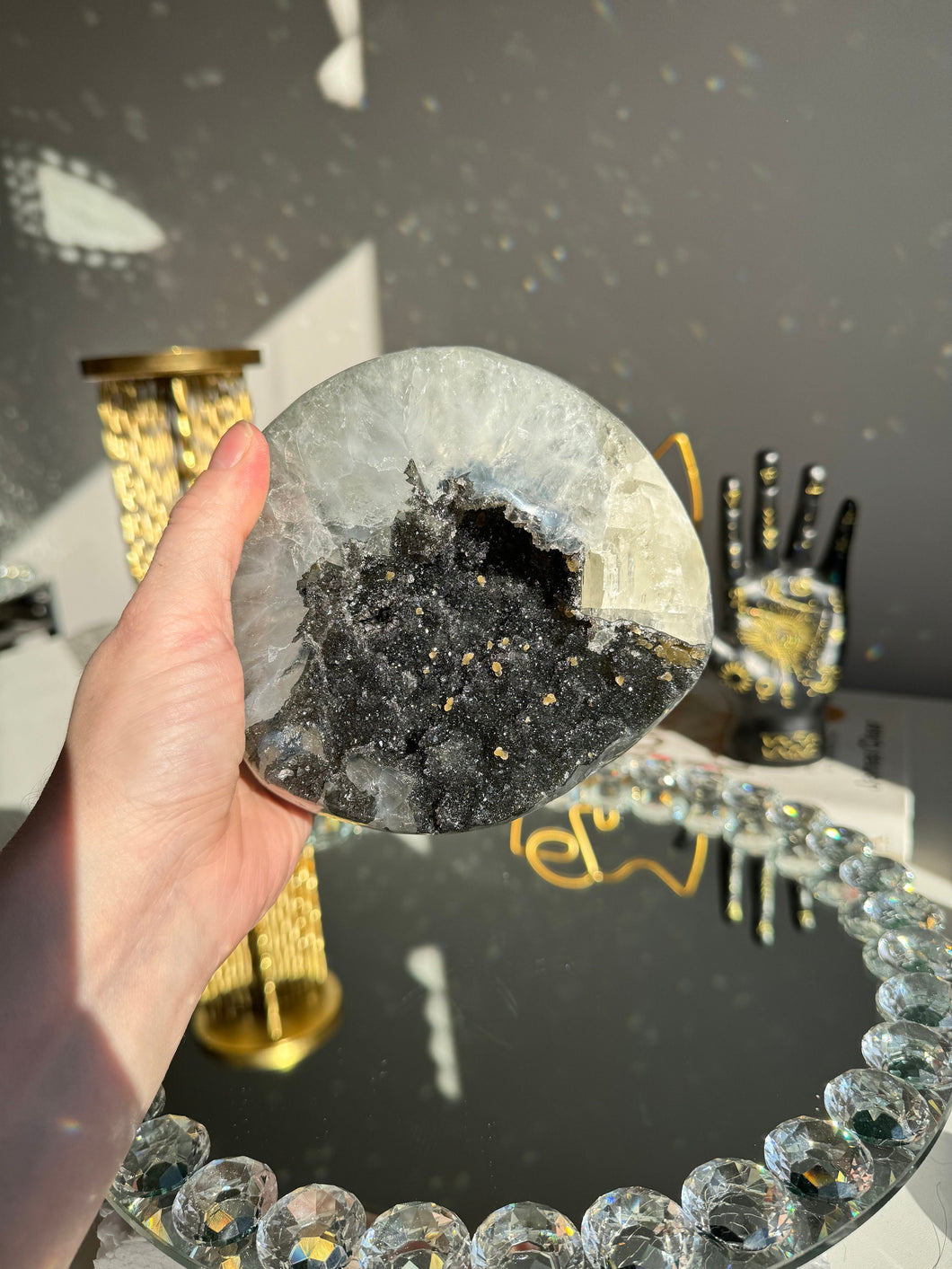 Black amethyst geode with calcite  2669