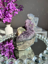 Load image into Gallery viewer, amethyst specimen with calcite and shimmery green mineral druzy   2671
