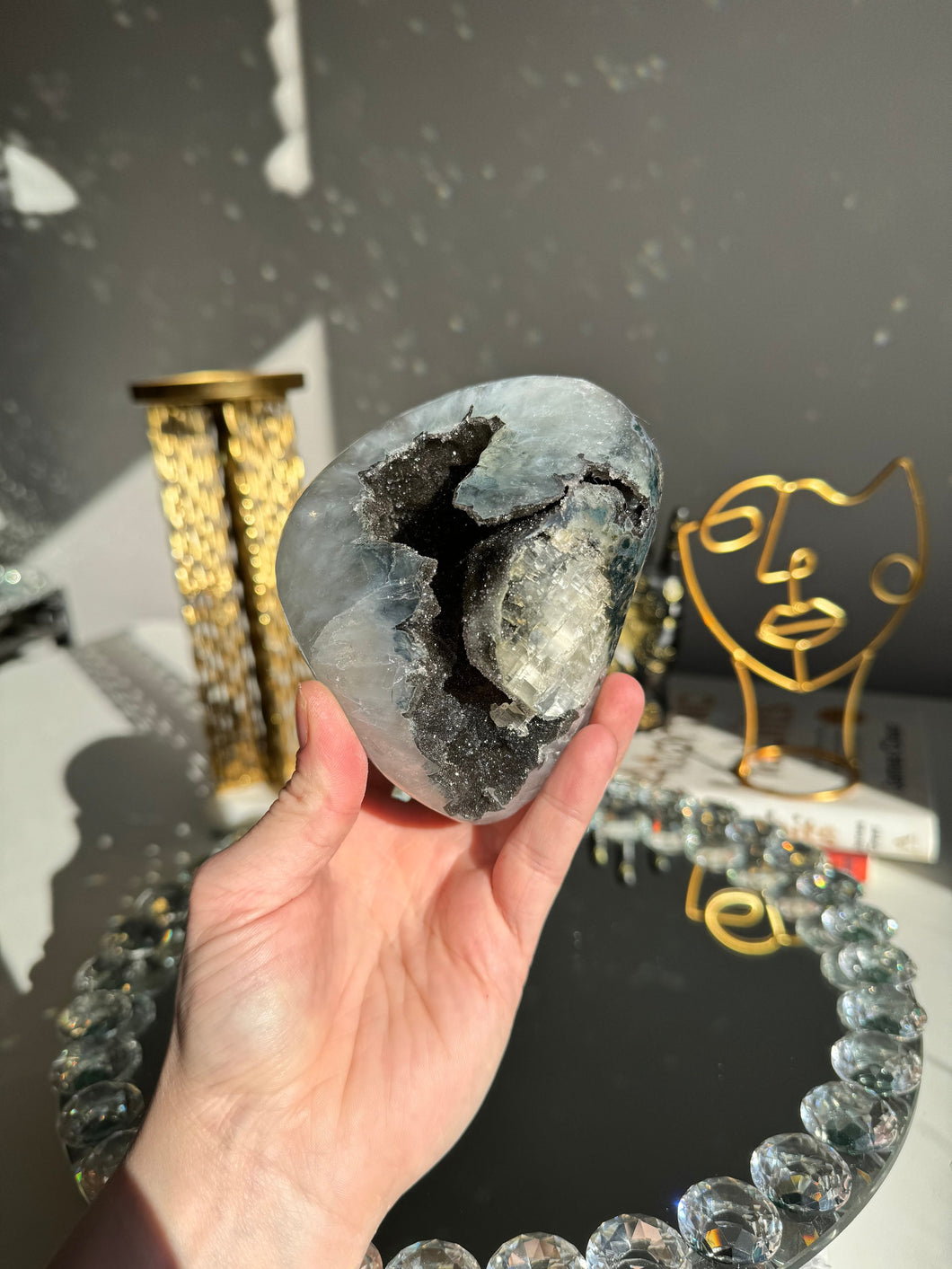 Black amethyst geode with calcite  2667