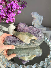 Load image into Gallery viewer, amethyst specimen with calcite and shimmery green mineral druzy   2671
