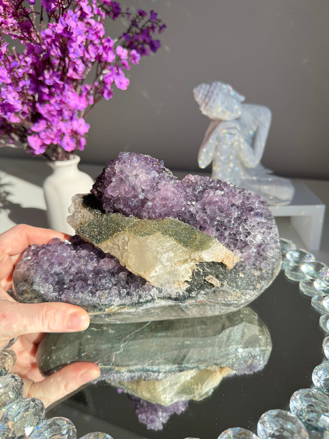 amethyst specimen with calcite and shimmery green mineral druzy   2671
